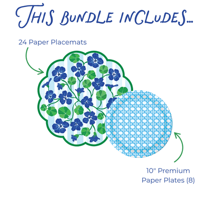 Product bundle description with paper placemats and plates on a white background