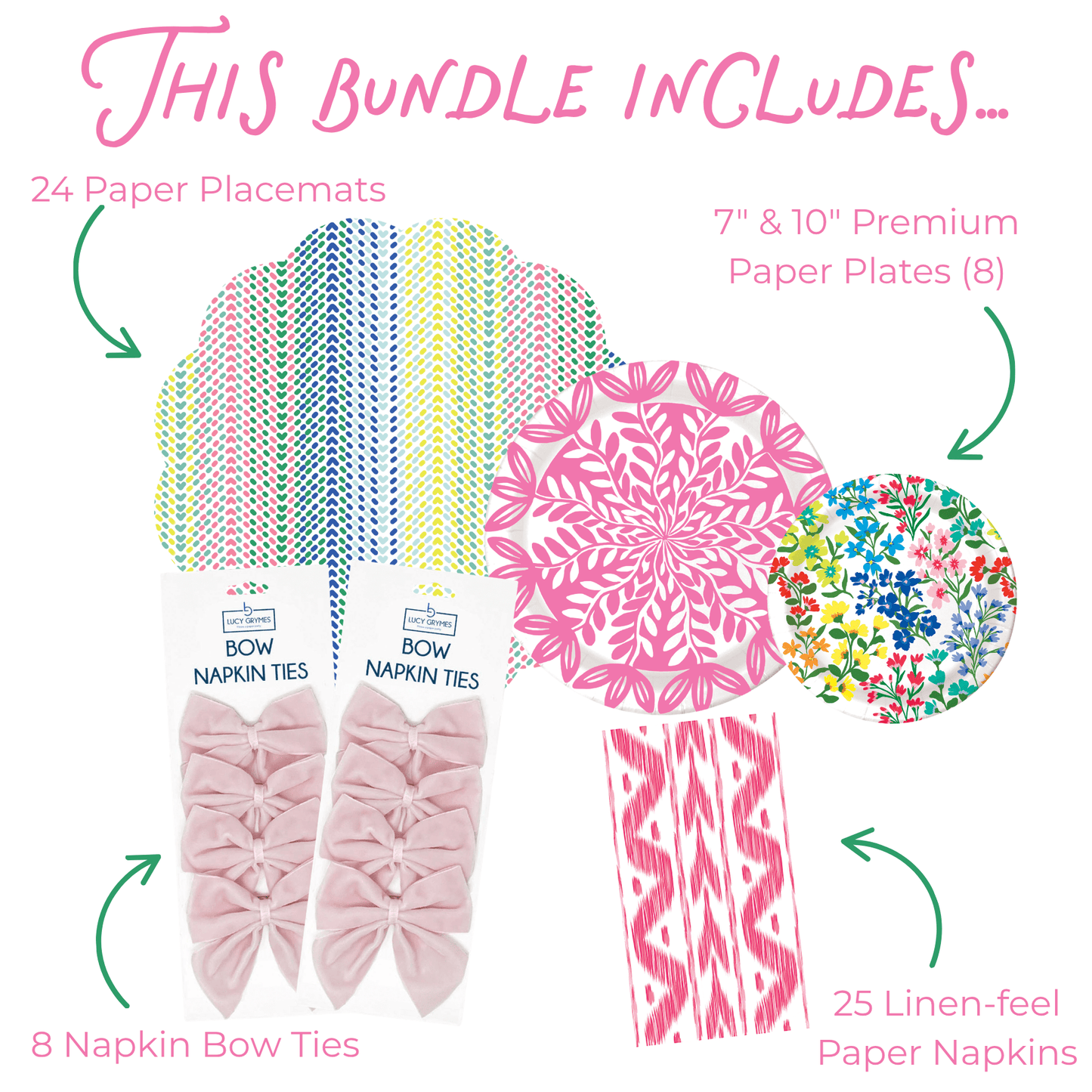 Product bundle including paper placemats, plates, napkin bow ties, and paper napkins with colorful designs.