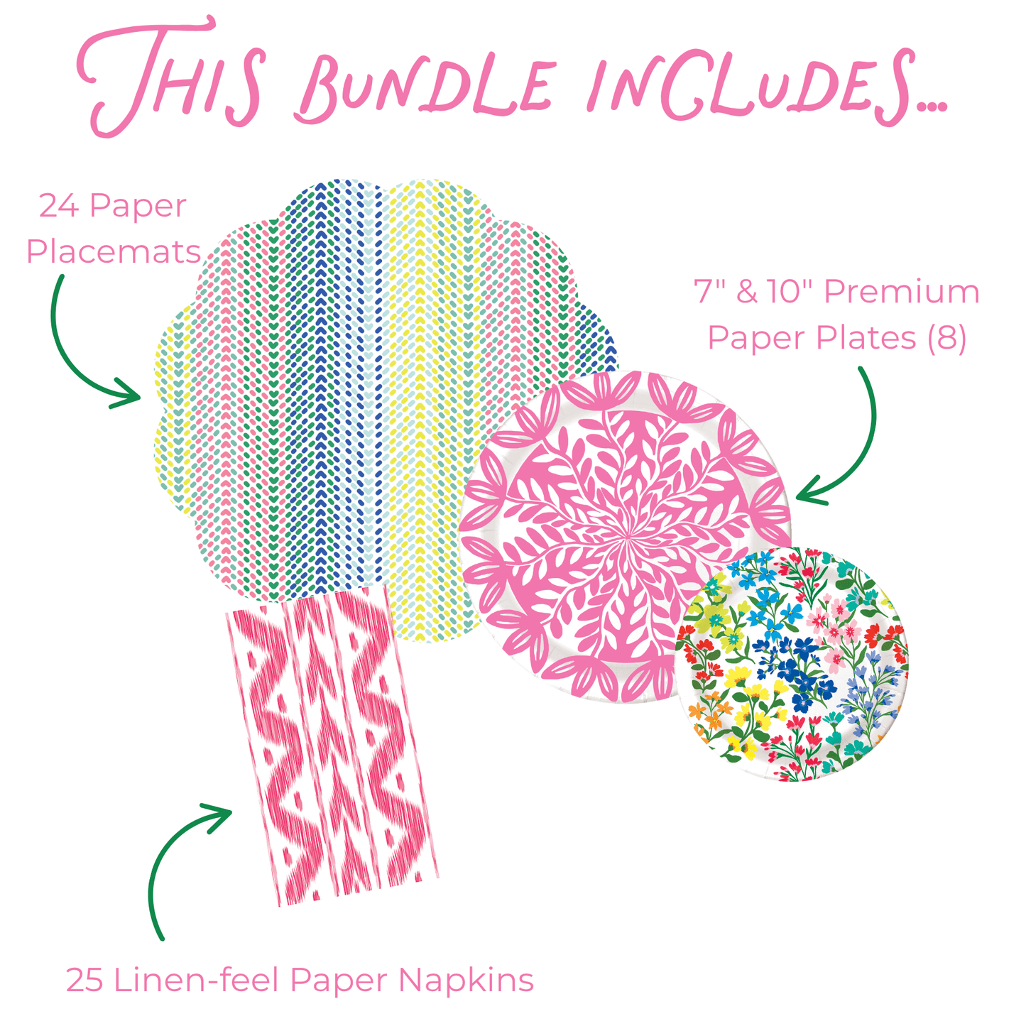 Product bundle including paper placemats, plates, and napkins with colorful designs on a white background.