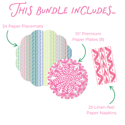 Product bundle description with paper placemats, plates, and napkins on a white background.