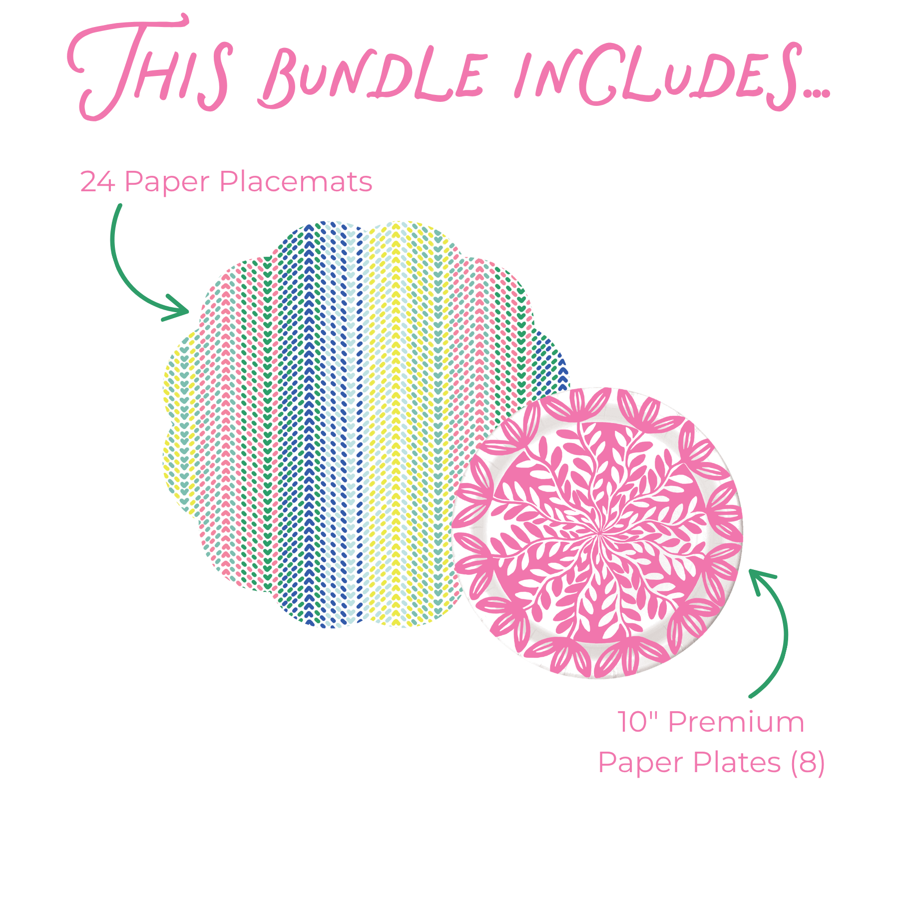 Product bundle description with paper placemats and plates on a white background