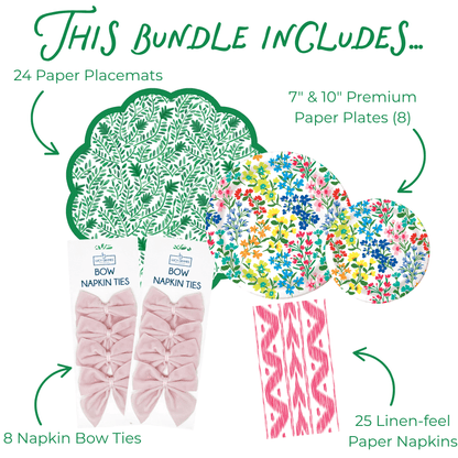 Product bundle including paper placemats, plates, napkin bow ties, and paper napkins with floral and patterned designs.