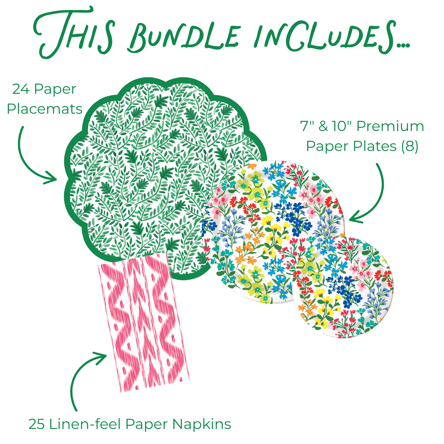 Product bundle graphic with paper placemats, plates, and napkins on a white background.