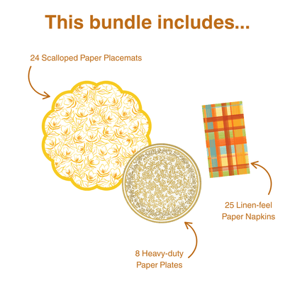 Golden Flower Table Bundle (Placemats + Plates + Napkins)