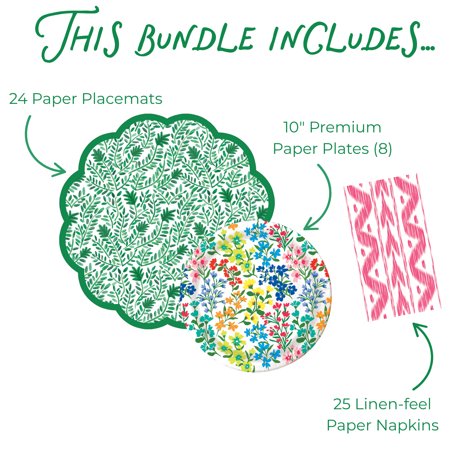Bundle infographic with 24 green scalloped paper placemats, wild floral plates, and pink ikat napkins
