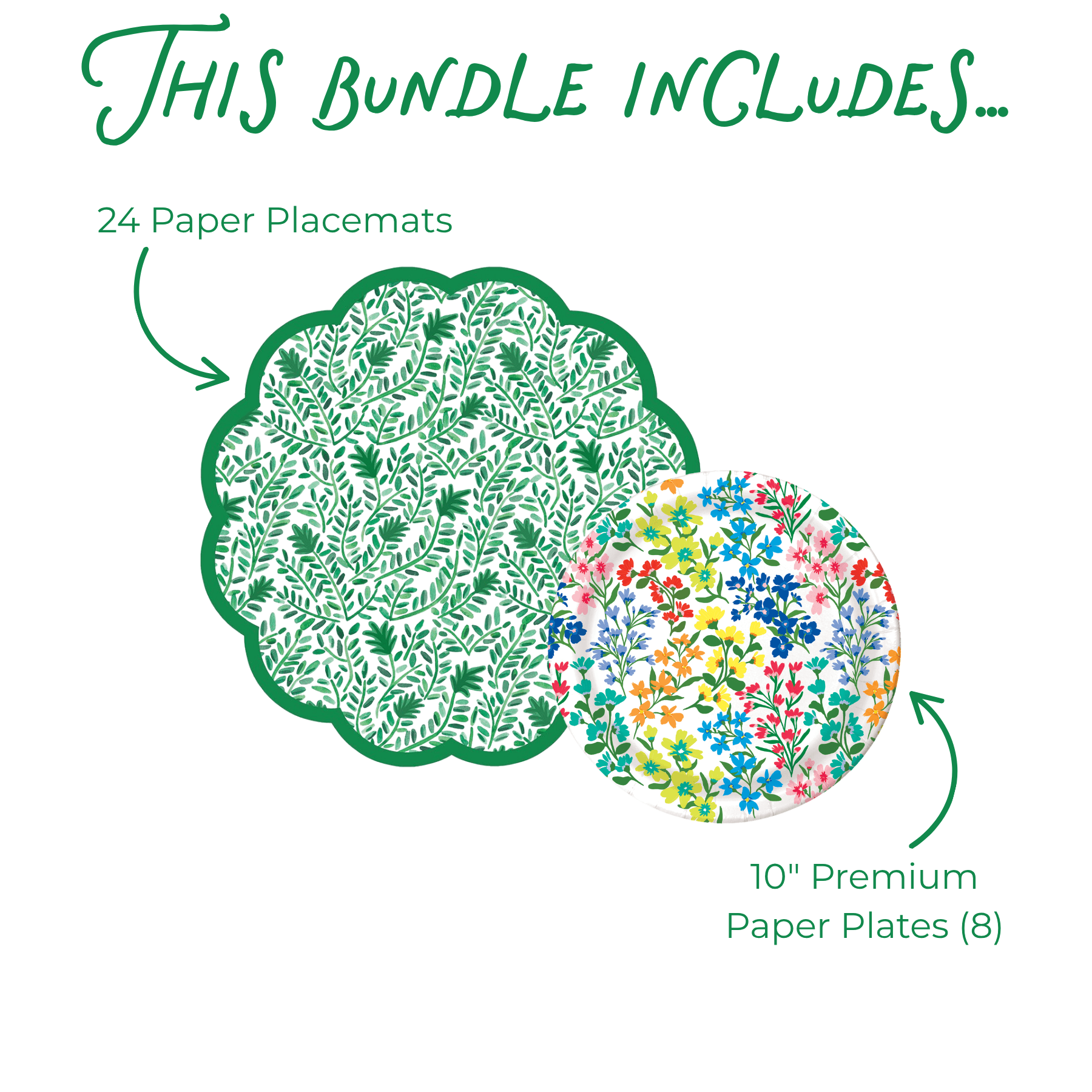Product bundle with 24 paper placemats and 8 premium paper plates on a white background.