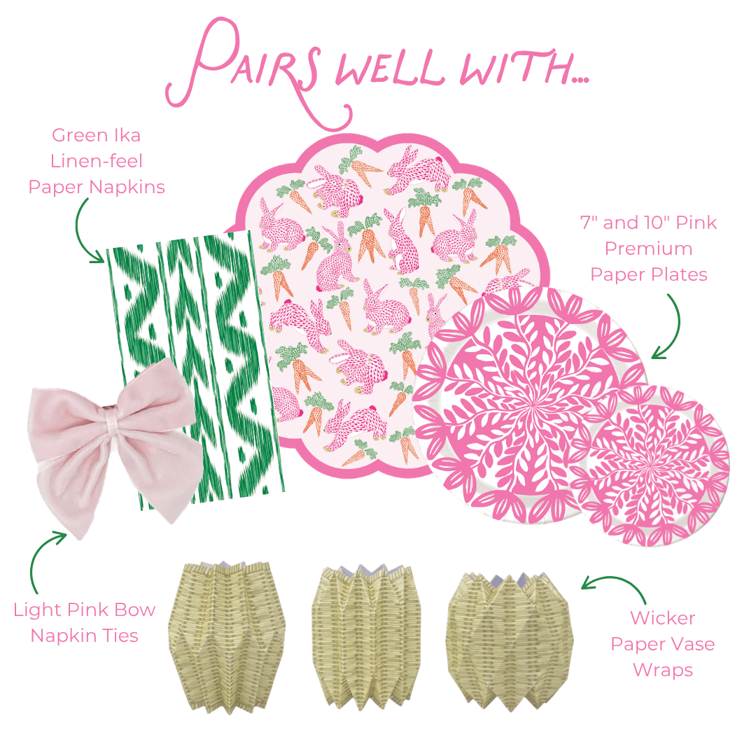 Graphic showing coordinated party tableware: green ikat napkins with light pink bow ties, bunny and carrot placemat, pink plates in two sizes, and wicker-style paper vase wraps.
