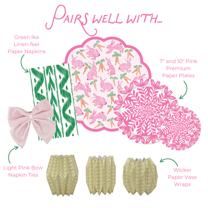 Graphic showing coordinated party tableware: green ikat napkins with light pink bow ties, bunny and carrot placemat, pink plates in two sizes, and wicker-style paper vase wraps.