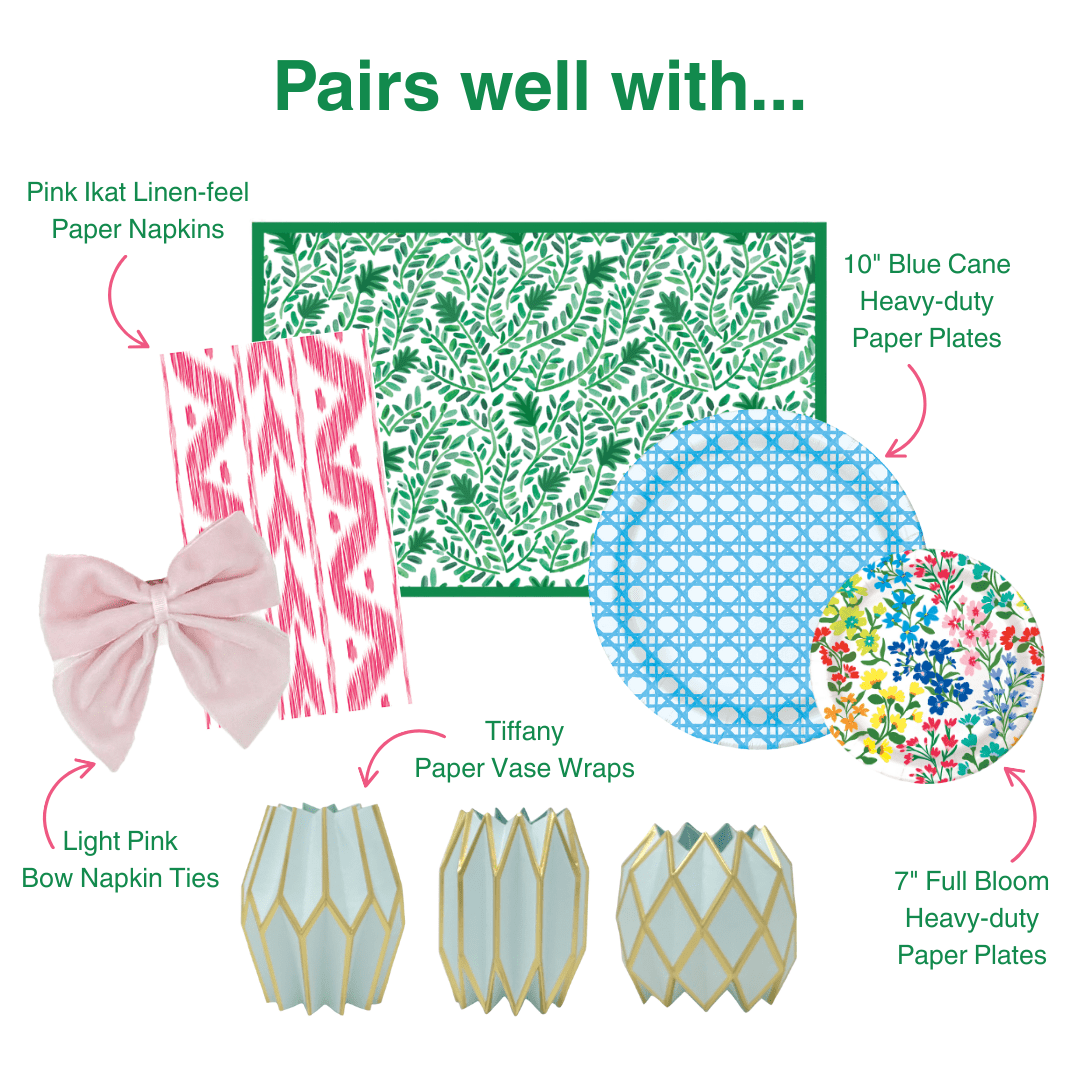 Product assortment of paper products including napkins, plates, and bow ties with text indicating color and design.