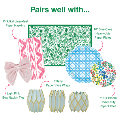 Product assortment of paper products including napkins, plates, and bow ties with text indicating color and design.