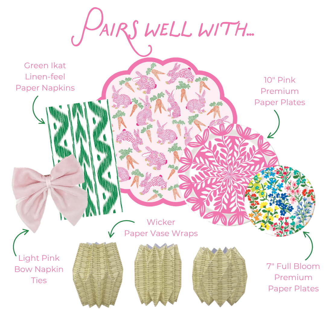 Graphic showing coordinated party tableware: green ikat napkins with light pink bow ties, bunny and carrot placemat, pink and floral plates, and wicker-style paper vase wraps.
