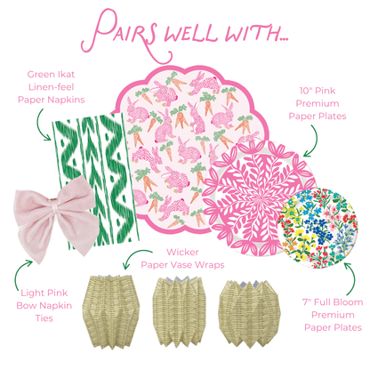 Graphic showing coordinated party tableware: green ikat napkins with light pink bow ties, bunny and carrot placemat, pink and floral plates, and wicker-style paper vase wraps.