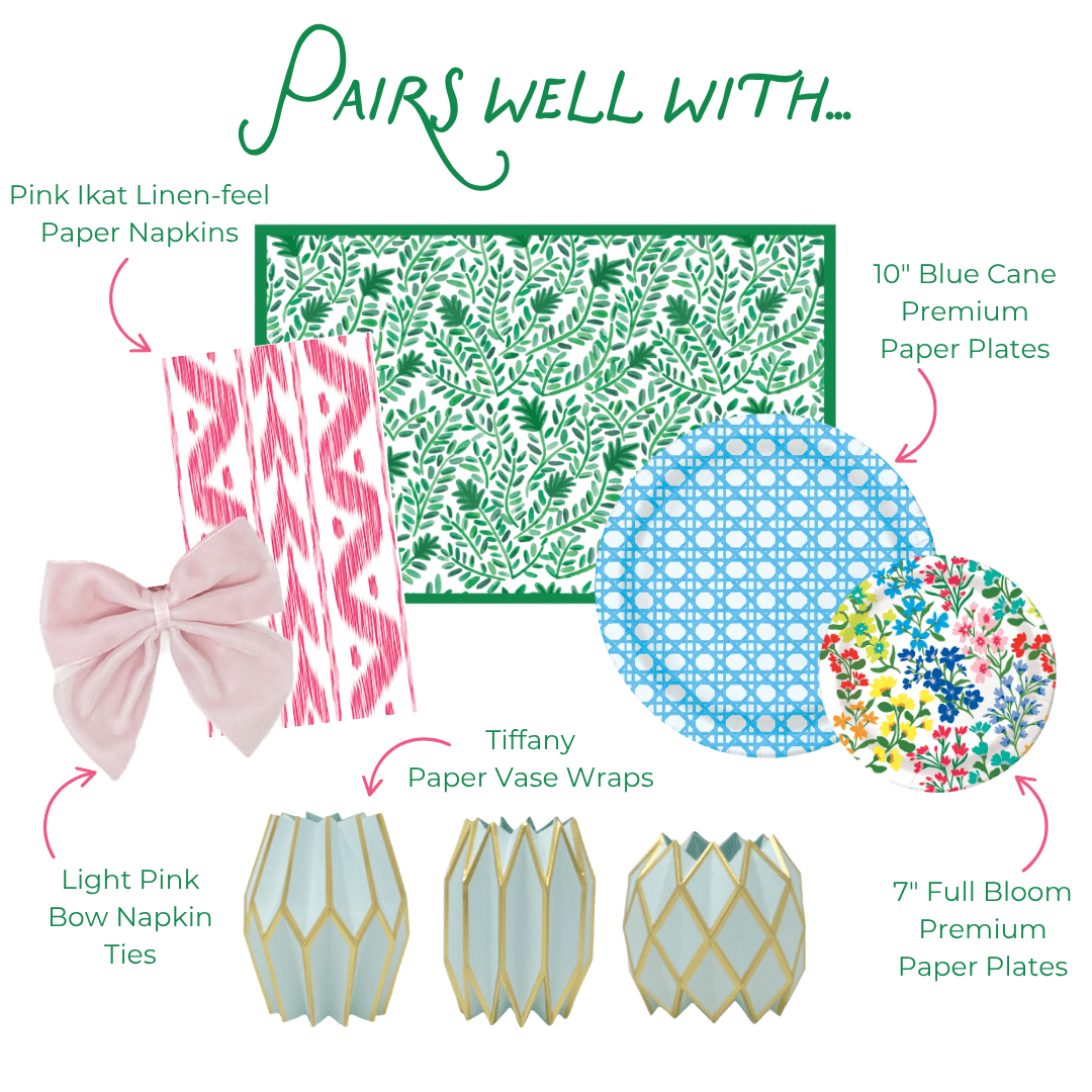 Product assortment of paper products including napkins, plates, and bow ties with text indicating color and design.