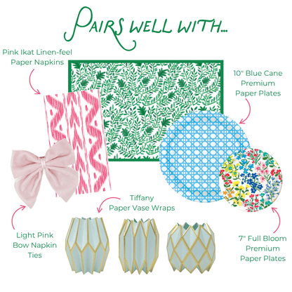 Product assortment of paper products including napkins, plates, and bow ties with text indicating color and design.