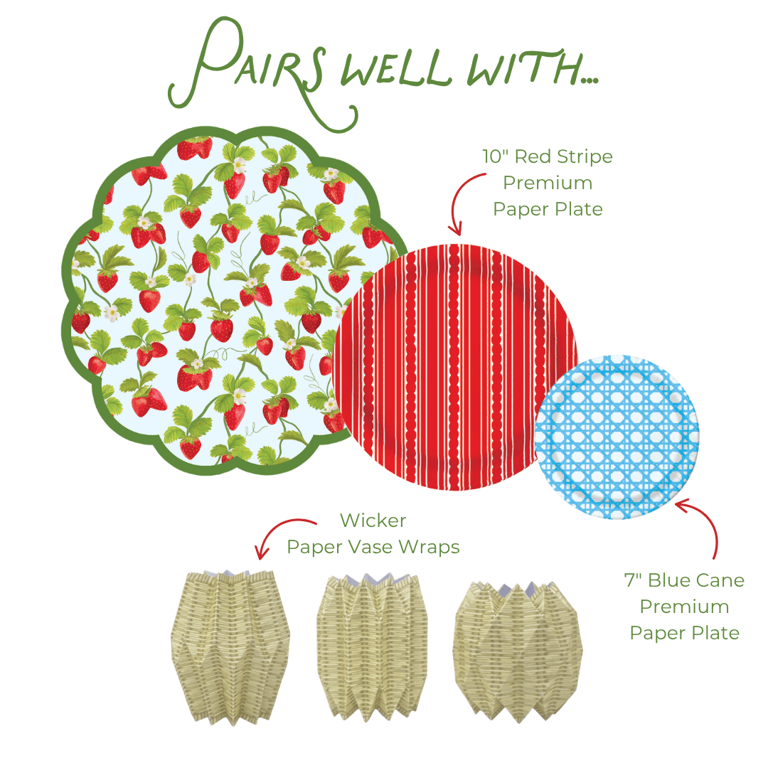 Graphic showing coordinating party tableware: strawberry-pattern scalloped placemat, red stripe and blue patterned plates, and light blue and wicker patterned vase wraps.