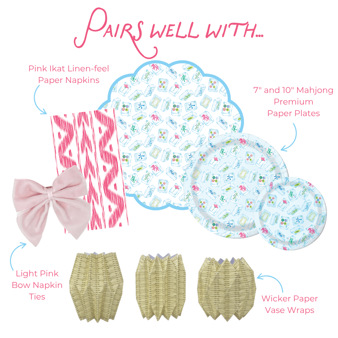 A style guide graphic featuring mahjong patterned paper placemats, mahjong patterned paper plates, pink ikat striped napkin, bow napkin tie and paper vases