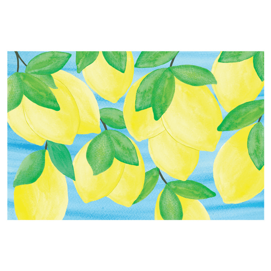 Pattern of yellow lemons with green leaves on a blue background
