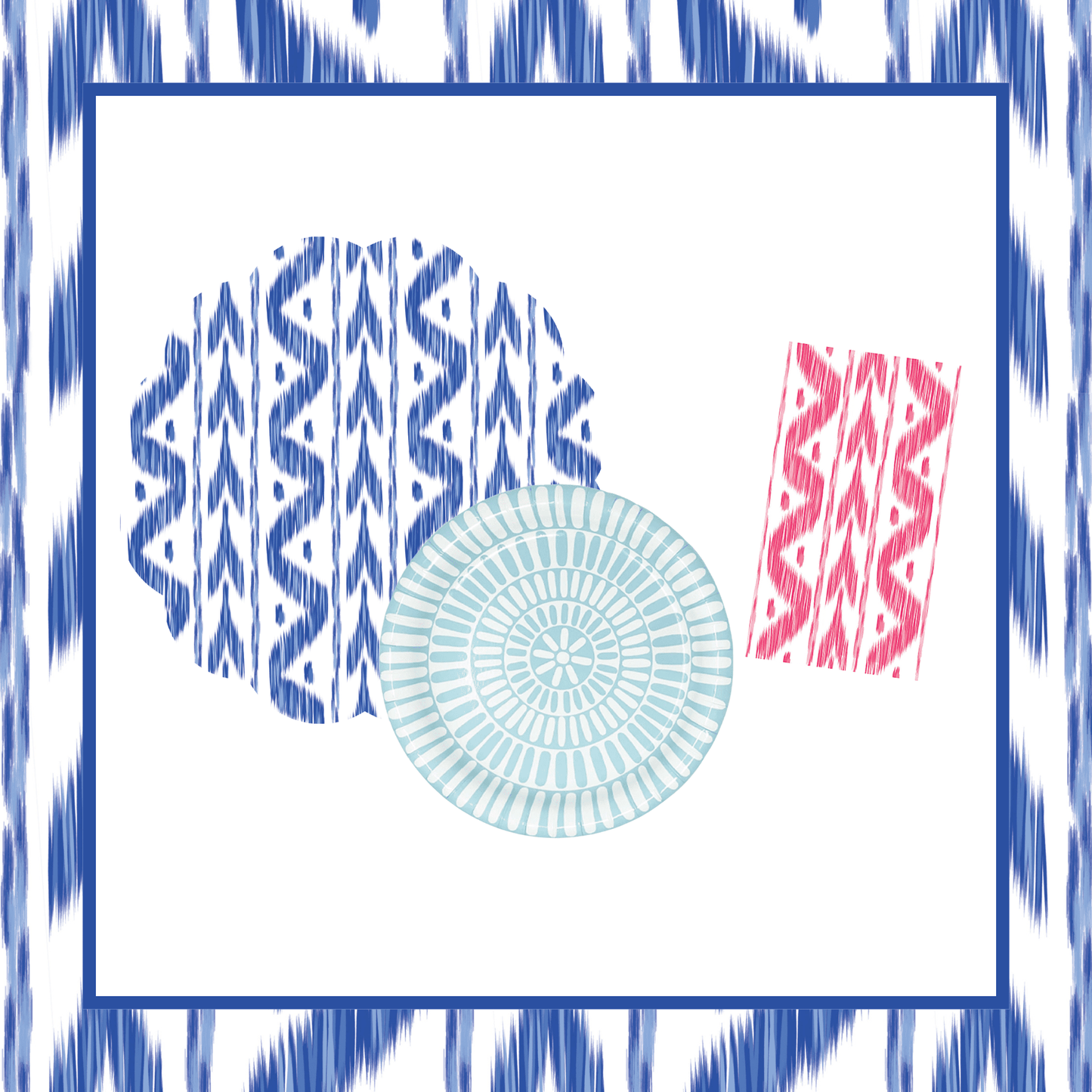 Decorative design with geometric patterns and a central circle on a white background.