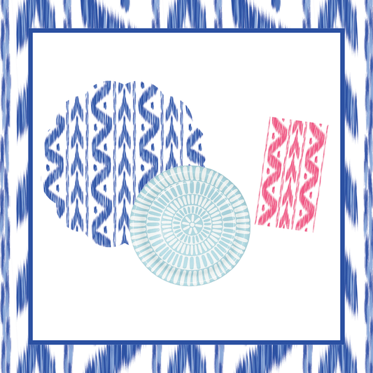 Decorative design with geometric patterns and a central circle on a white background.