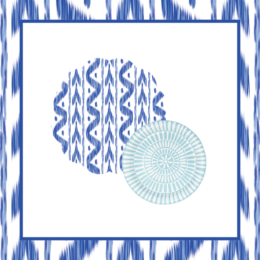 Blue and white patterned design with circular elements on a white background