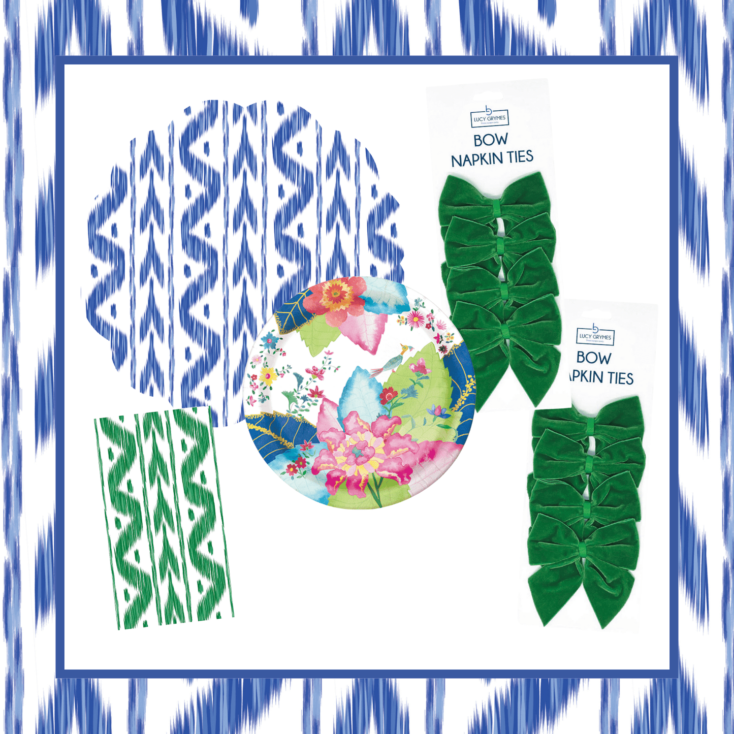Ikat & Tobacco Leaf Table Bundle (Placemats + Plates + Bows + Napkins)