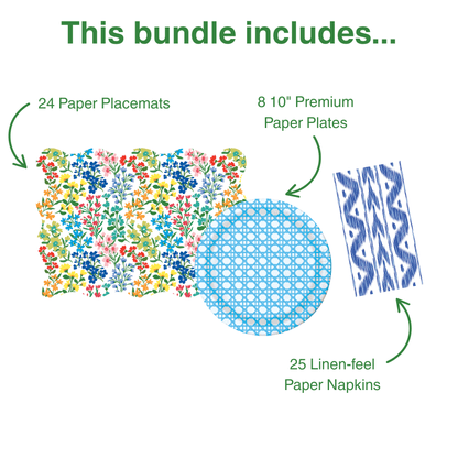 Full Bloom Tabletop Bundle (Placemats, 10" Paper Plates, Napkins)