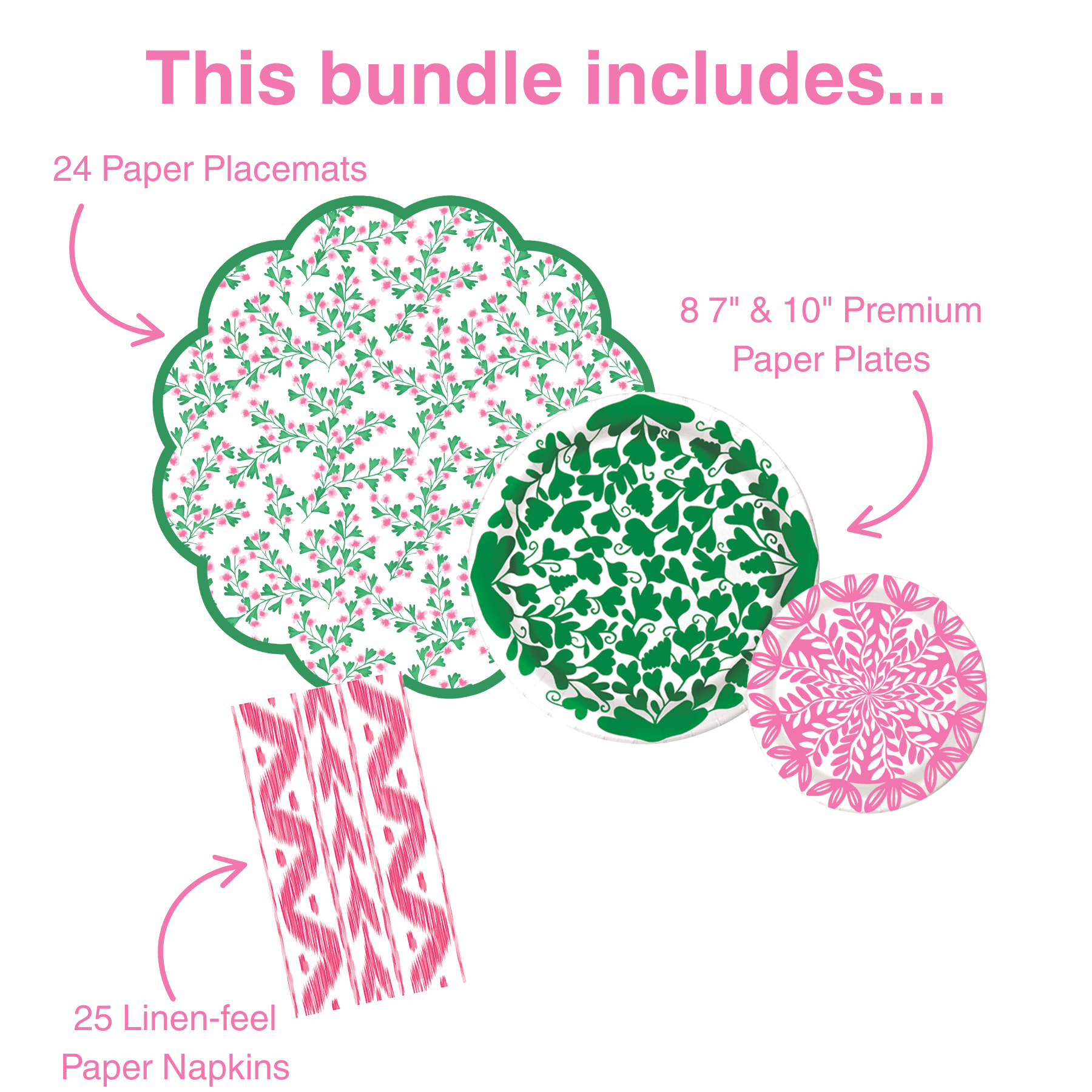 Product bundle illustration with paper placemats, plates, and napkins on a white background