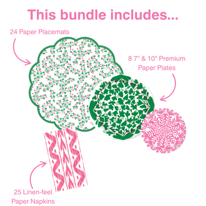 Product bundle illustration with paper placemats, plates, and napkins on a white background