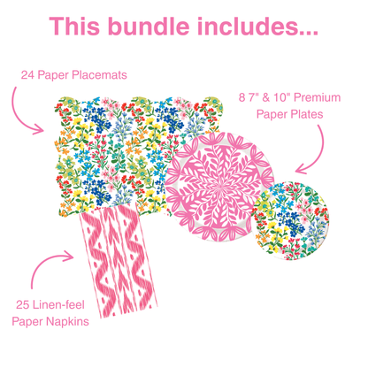 Bundle contents: 24 multicolor wildflower scalloped paper placemats, 8 premium paper plates in 7-inch and 10-inch sizes with pink botanical leaf and wildflower prints, and 25 pink ikat linen-feel paper napkins