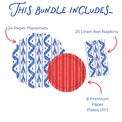Ikat Patriotic Tabletop Bundle (Placemats, Plates, Napkins)