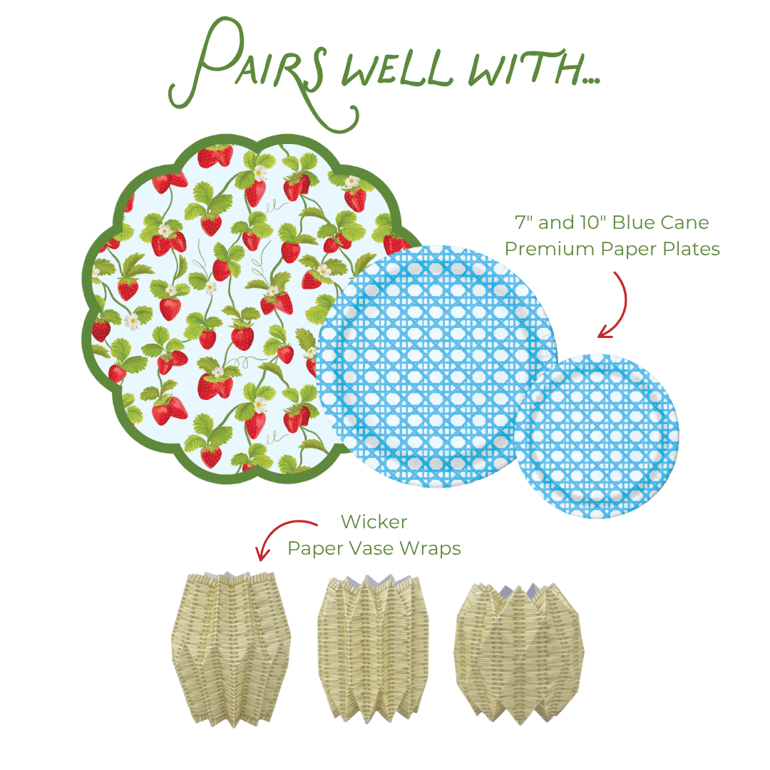 Graphic showing coordinating party tableware: strawberry-pattern scalloped placemat, blue patterned plates in two sizes, and light blue and tiffany blue paper vase wraps with gold lattice accents.