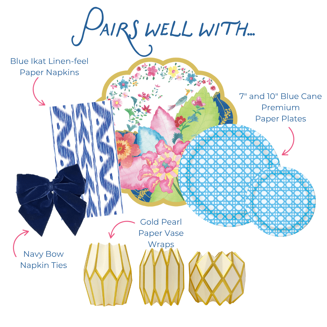 Product display with paper napkins, plates, bow ties, and vase wraps labeled 'Pairs well with'.