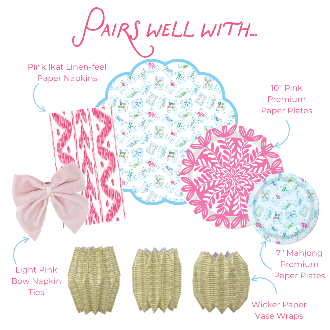 A style guide graphic featuring mahjong patterned paper placemats, pink medallion and mahjong patterned paper plates, pink ikat striped napkin, bow napkin tie and paper vases