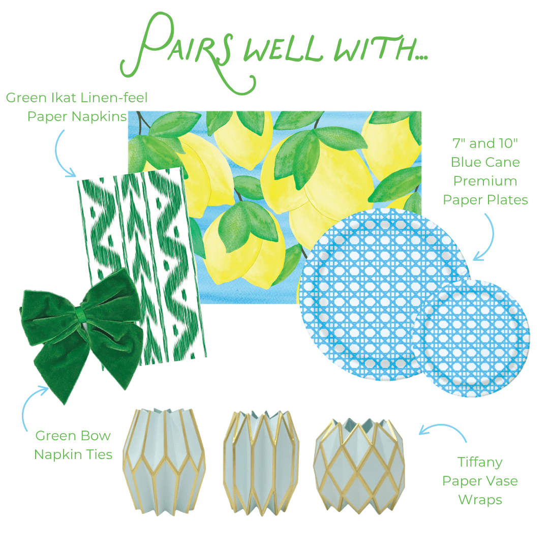Pairs well with graphic showing  coordinating party products: Green Ikat Linen-feel Paper Napkins in a green and white ikat stripe pattern; Green Bow Napkin Ties in deep emerald velvet; Tiffany Paper Vase Wraps in pale blue with gold geometric lattice; a light blue napkin or placemat with a painted yellow lemon and green leaf print; and 7-inch and 10-inch Blue Cane Heavy-duty Paper Plates in light blue with a woven cane grid pattern paired with Lemon printed paper placemat