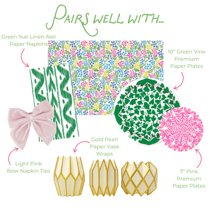 Pairs well with graphic: Green Ikat Linen-feel Paper Napkins, Light Pink Bow Napkin Ties, Tiffany Paper Vase Wraps, Secret Garden Rectangle Paper Placemats, 10-inch Vine Premium Paper Plates, and 7-inch Pink Premium Paper Plates