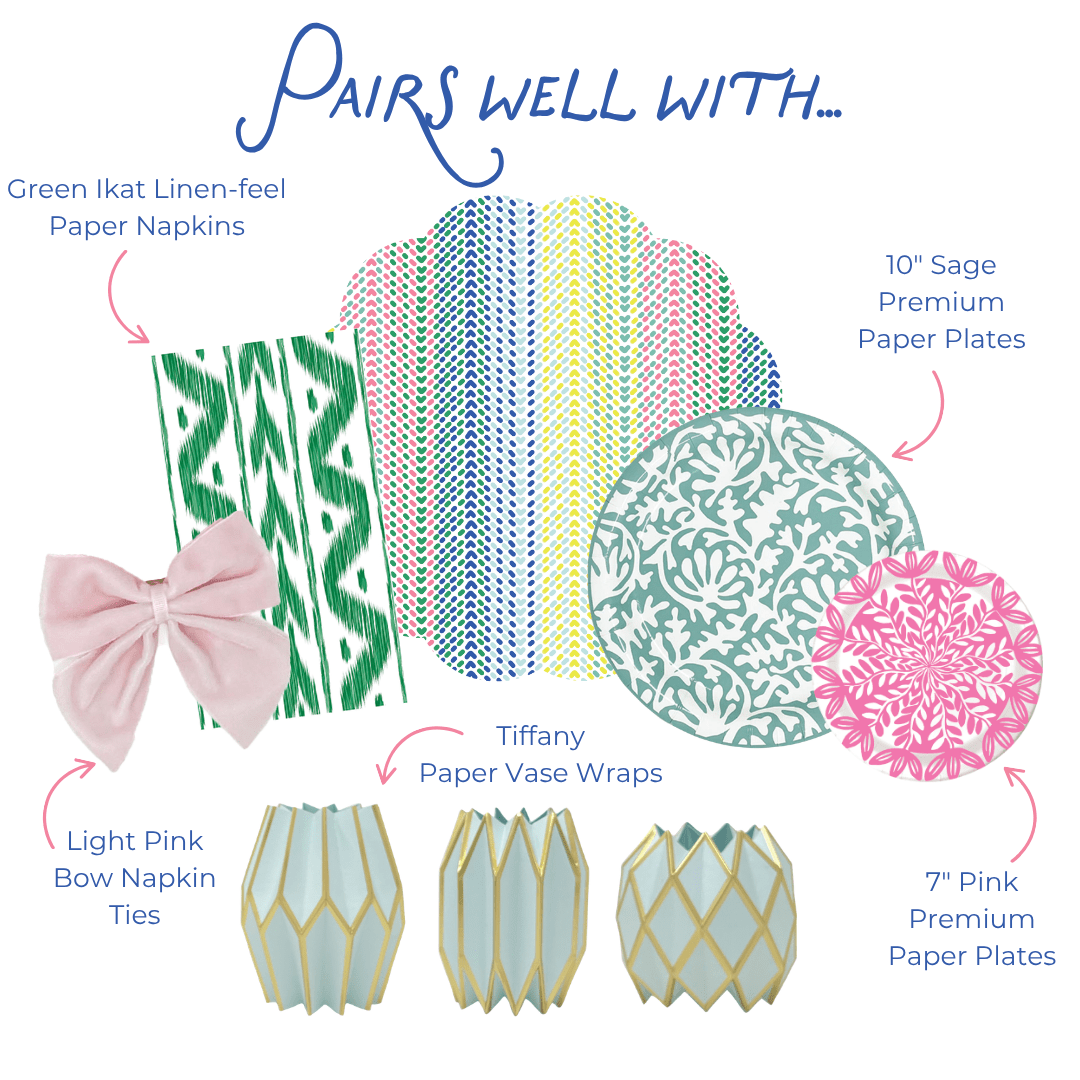 Product assortment including green ikat patterned paper napkins, teal paper dinner plates with pink dessert paper plate, and geometric paper vase wraps with text indicating color and design pairs