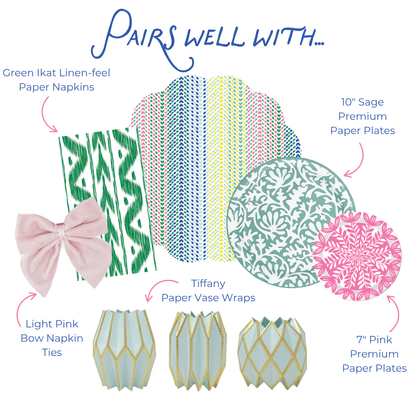 Product assortment including green ikat patterned paper napkins, teal paper dinner plates with pink dessert paper plate, and geometric paper vase wraps with text indicating color and design pairs