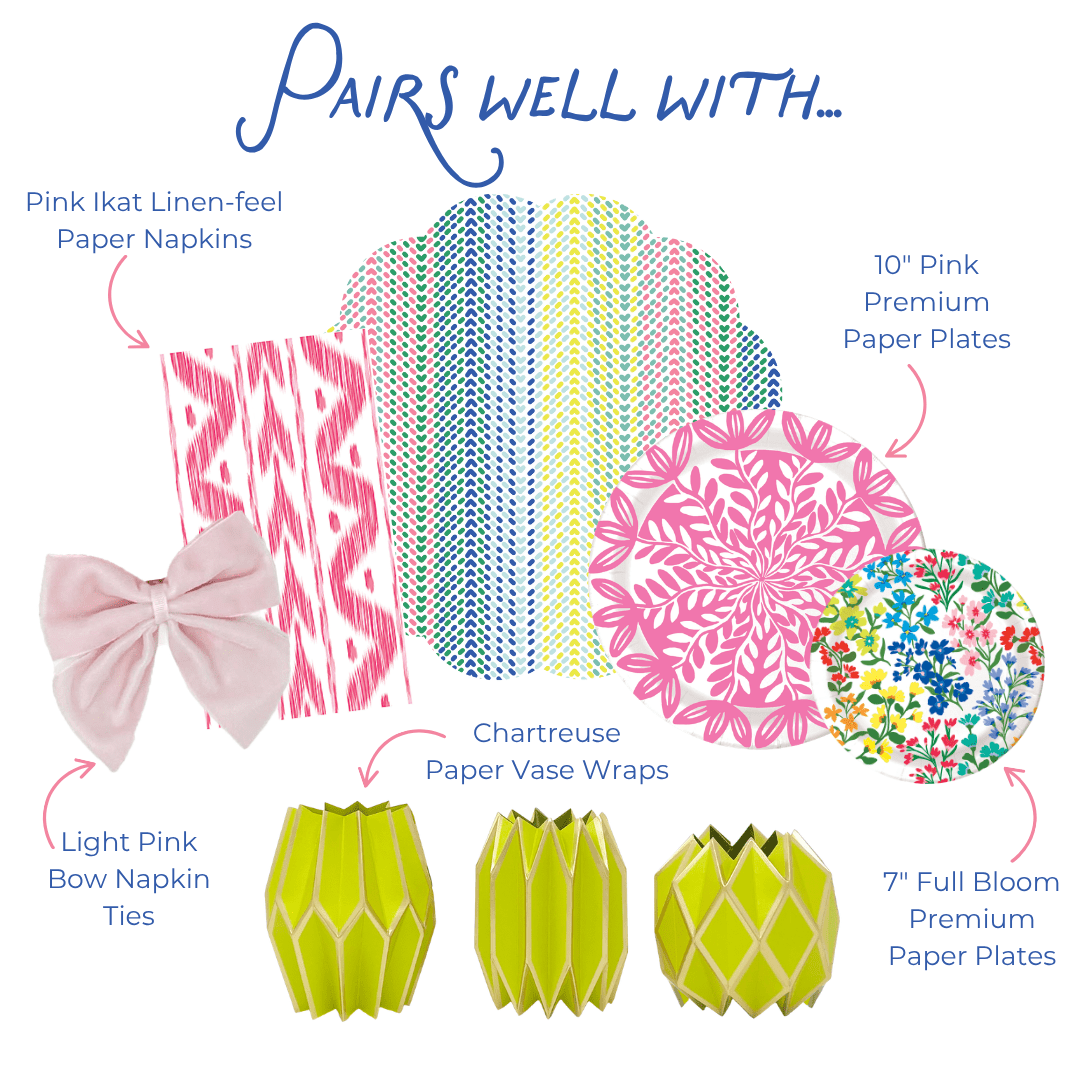 Product assortment with pink napkins, paper plates, bow ties, geometric paper vase wraps, and a colorful paper placemat on a white background.
