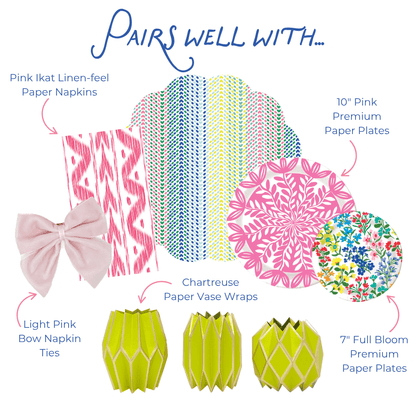 Product assortment with pink napkins, paper plates, bow ties, geometric paper vase wraps, and a colorful paper placemat on a white background.