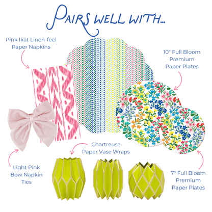 Product assortment with pink napkins, paper plates, bow ties, geometric paper vase wraps, and a colorful paper placemat on a white background.