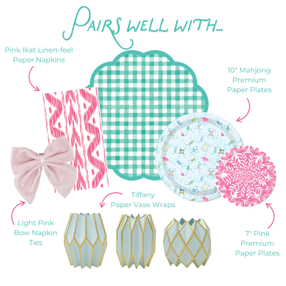Collection of paper products including napkins, plates, and vase wraps with text indicating color and design pairs.
