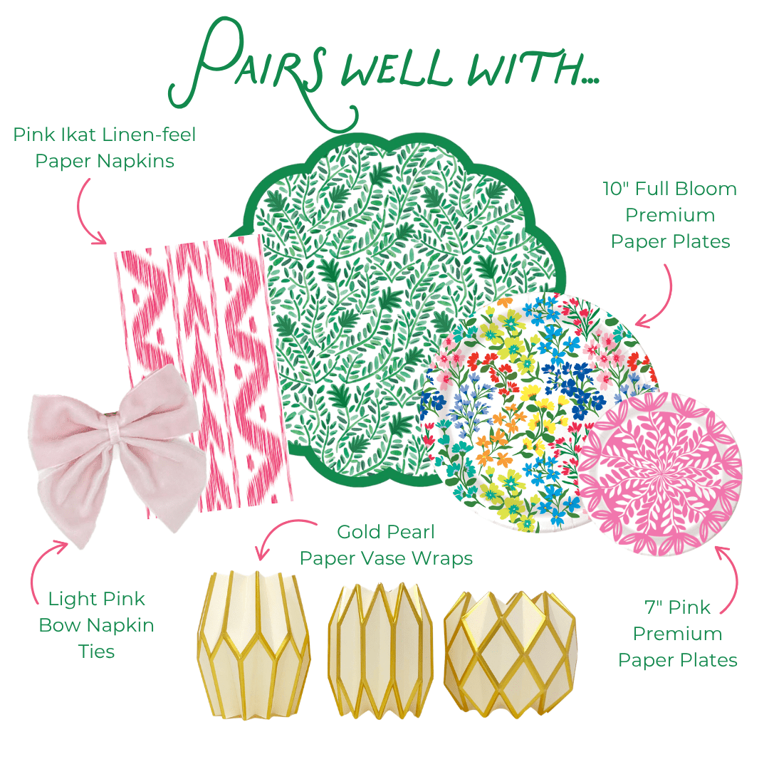Pairs well with graphic showing coordinating party products: Pink Ikat Linen-feel Paper Napkins in a pink and white ikat pattern; Light Pink Bow Napkin Ties in soft pink velvet; Gold Pearl Paper Vase Wraps in cream and ivory with gold geometric lattice; a green and white botanical leaf print scallop-edged plate or charger; 10-inch Full Bloom Heavy-duty Paper Plates with a colorful wildflower print in pink, blue, yellow, and red; and 7-inch Pink Heavy-duty Paper Plates with a bold pink botanical print