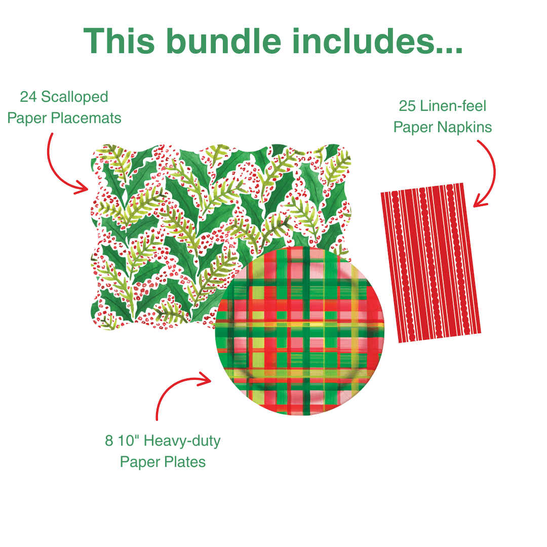Jolly Holly 1 Table Bundle (Placemats + 10" Plates + Napkins)
