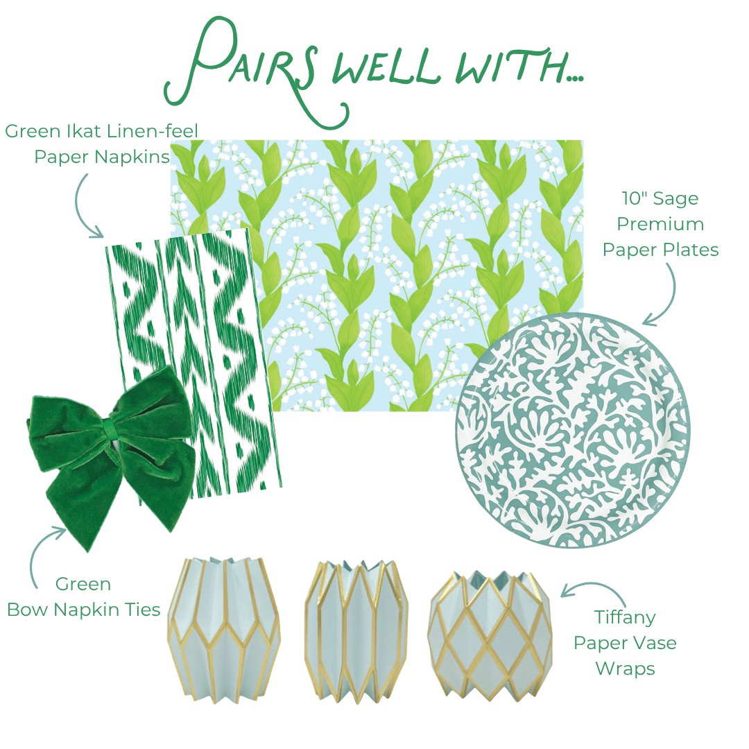 Product assortment with green and white patterns including napkins, plates, bow ties, and vases on a white background.