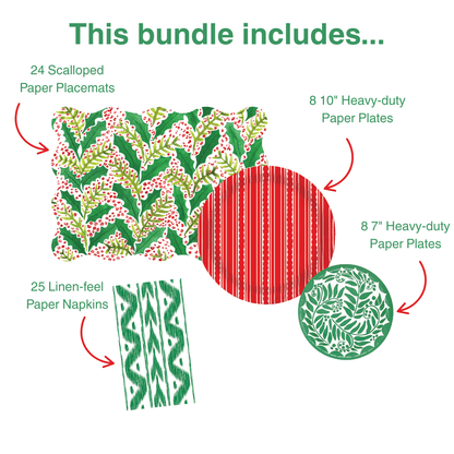 Jolly Holly 2 Table Bundle (Placemats + 7" Plates + 10" Plates + Napkins)