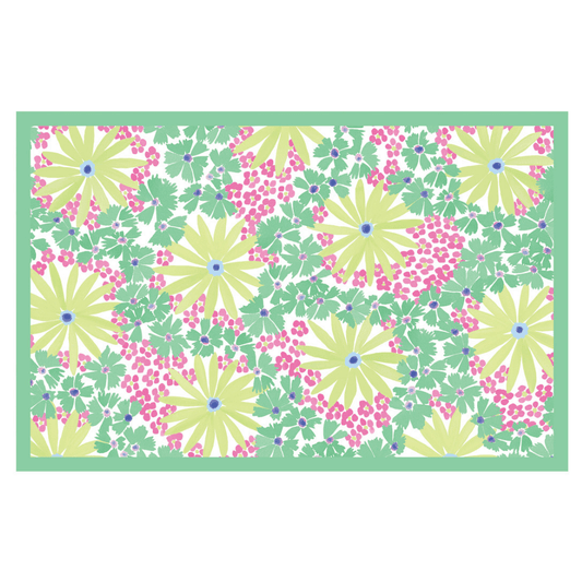 Floral patterned placemat with green border on a white background