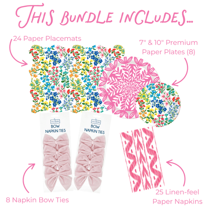 Pairs well with graphic: Full Bloom Paper Placemats, Pink and Full Bloom Premium Paper Plates, Pink Bow Napkin Ties, and Pink Ikat Paper Napkins