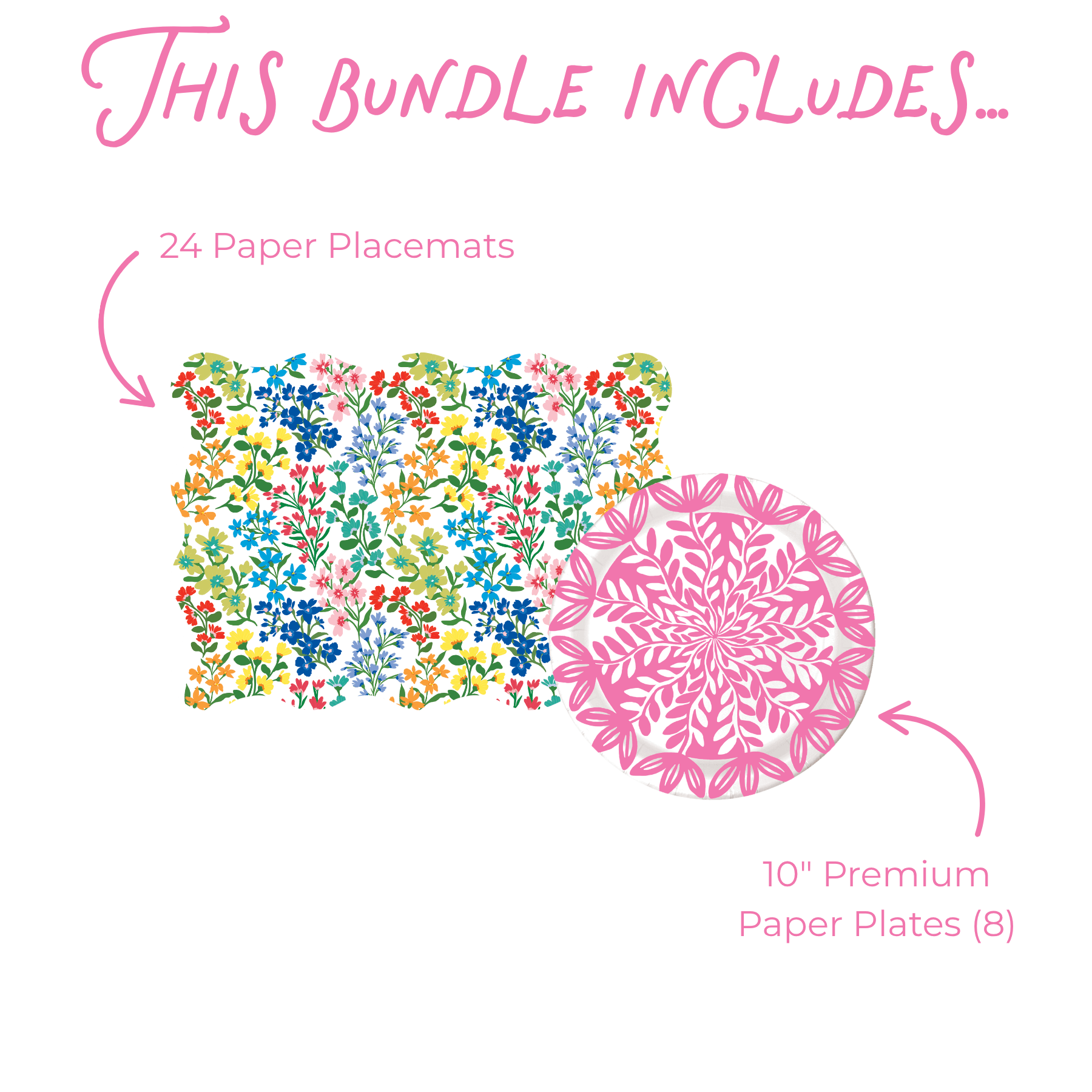 Bundle contents: 24 multicolor wildflower scalloped paper placemats and 8 10-inch pink botanical leaf-print premium paper plates
