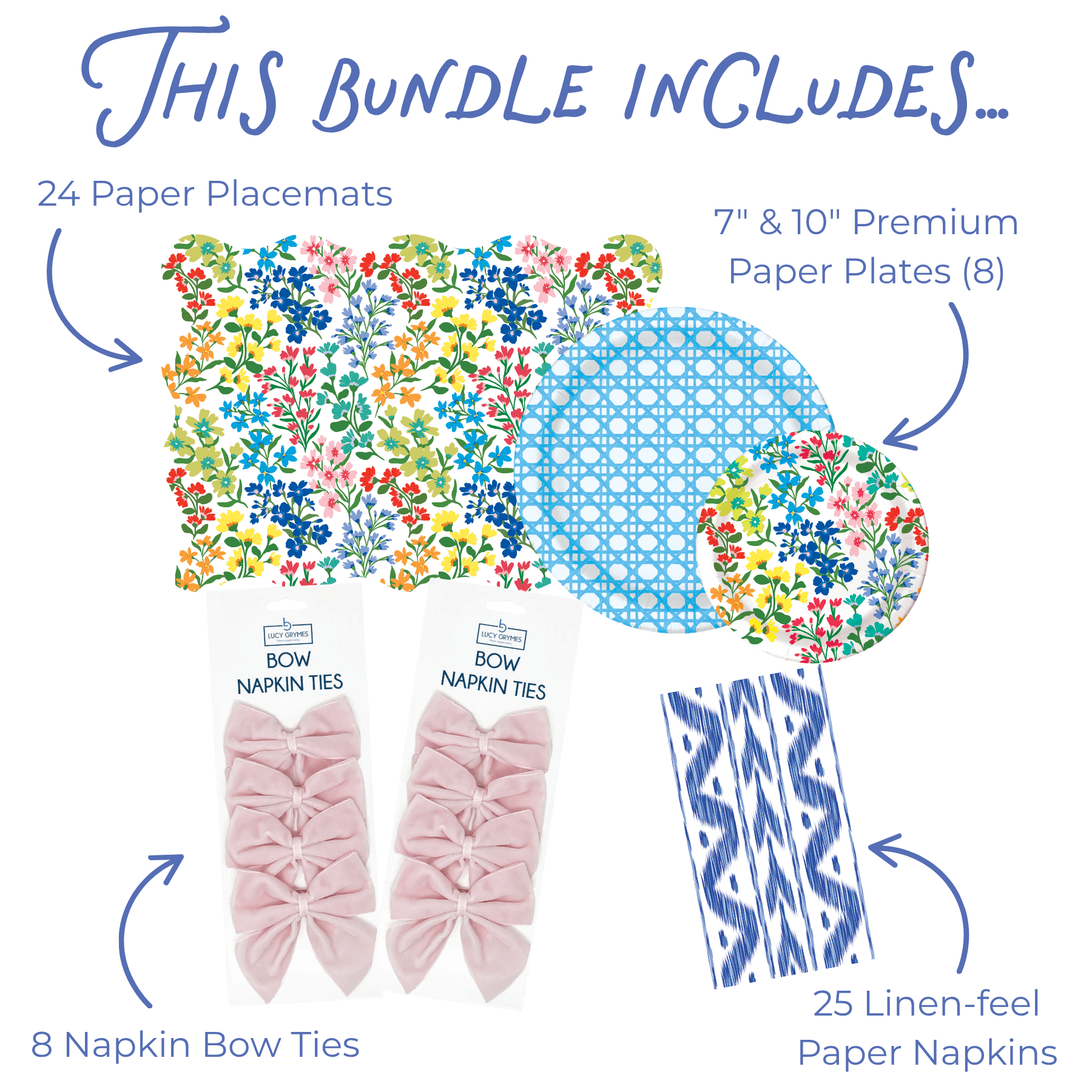 This bundle includes graphic showing 24 scallop-edged paper placemats in a colorful wildflower print, 8 7-inch and 10-inch paper plates in a blue woven cane grid and colorful wildflower print, 25 blue ikat linen-feel paper napkins and 2 packs of pink velvet bow napkin ties.
