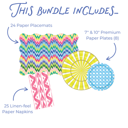 This bundle includes graphic showing 24 scallop-edged paper placemats in a multicolor zigzag print, 8 7-inch and 10-inch paper plates in a yellow sunburst stripe and blue woven cane grid pattern, and 25 pink ikat linen-feel paper napkins.